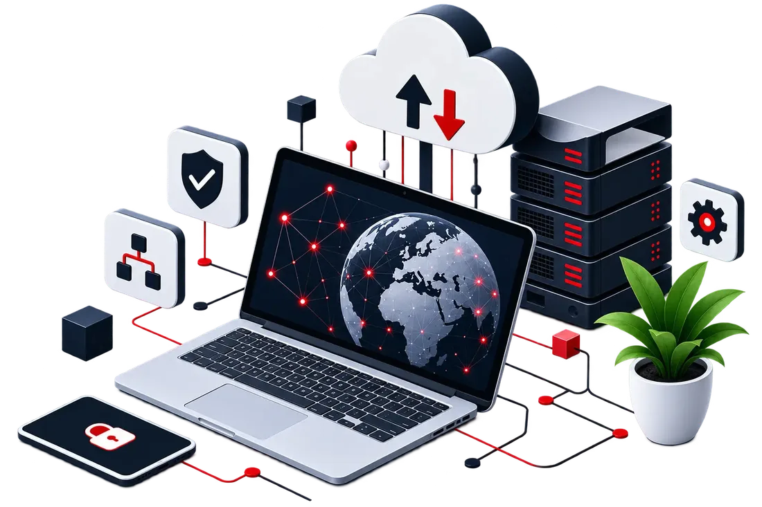 Illustration: Laptop, Server, Cloud und Sicherheitssymbole