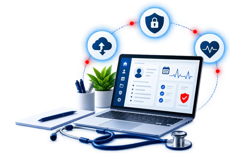 Illustration: IT-Arbeitsplatz in einer Arztpraxis mit Sicherheits- und Gesundheitssymbolen